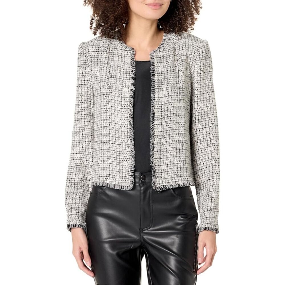 Calvin Klein Boucle Blazer Black White Fringe‎ Pockets Size 12 Tweed Jacket Crop